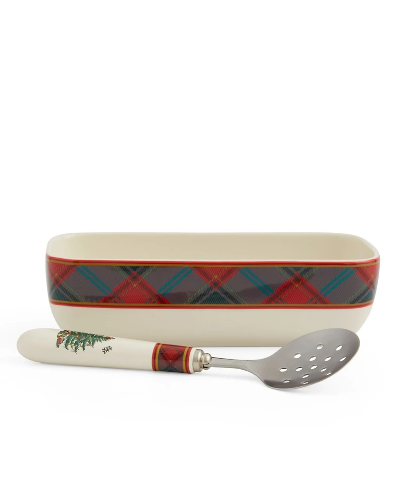 Spode Christmas Tree Tartan Rectangular Server with Slotted Spoon