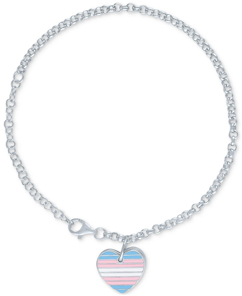 Diamond Accent & Rainbow Enamel Pride Double Heart Charm Bracelet in Sterling Silver