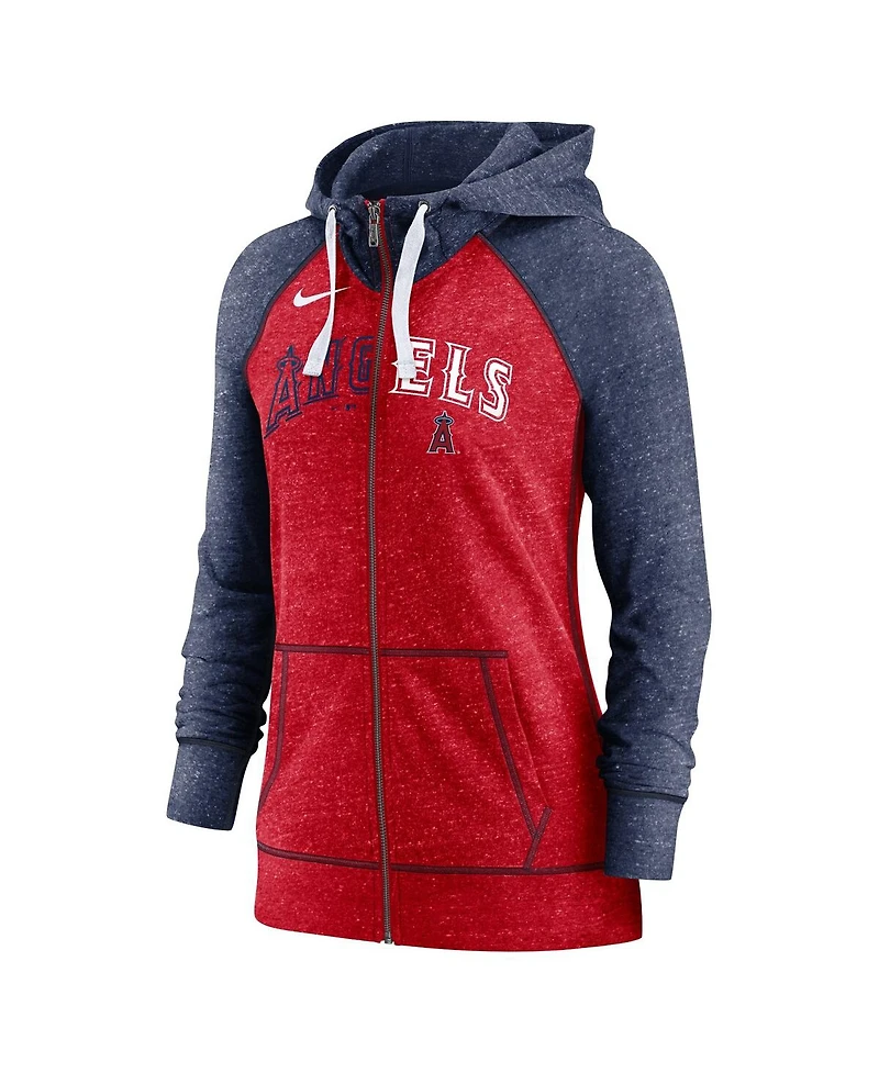 Women's Nike Heathered Red and Heathered Navy Los Angeles Angels Split Wordmark Gym Vintage-Like Raglan Slub Full-Zip Hoodie