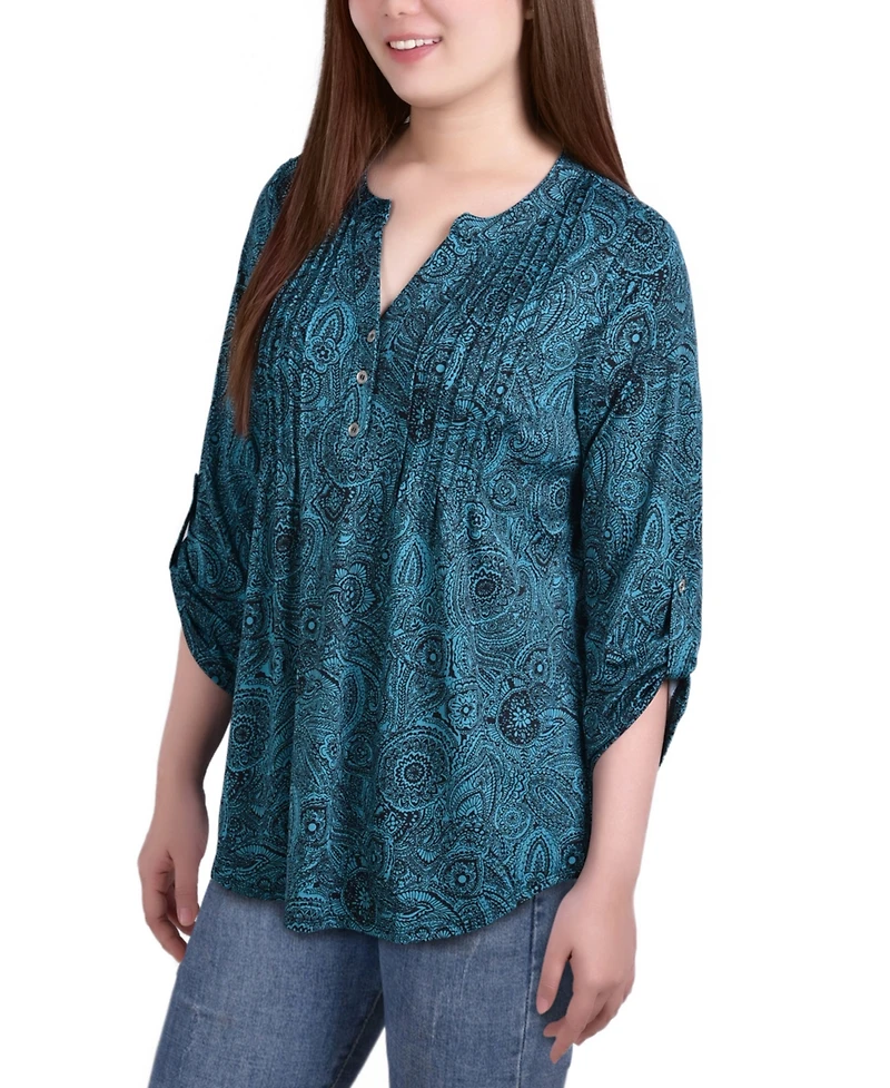 Ny Collection Petite Knit Jacquard 3/4 Sleeve Roll Tab Pintuck Top