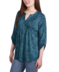 Ny Collection Petite Knit Jacquard 3/4 Sleeve Roll Tab Pintuck Top