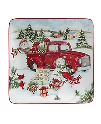 Certified International Red Truck Snowman 4 Piece Dessert Plate Set