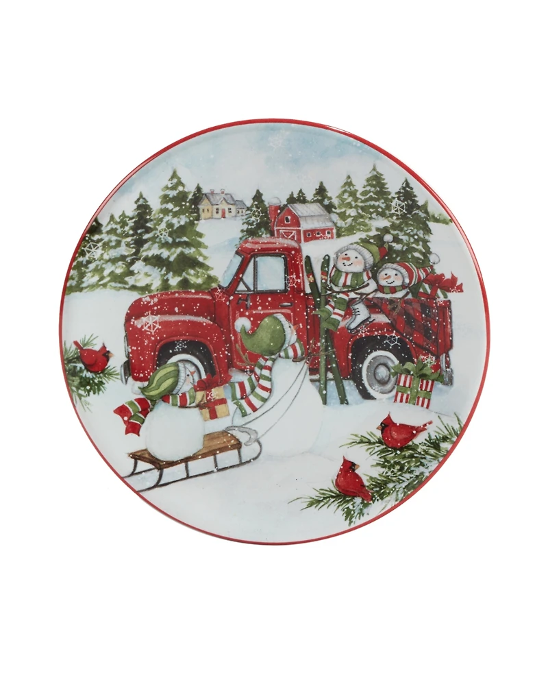 Certified International Red Truck Snowman 4 Piece Canape Plate Set