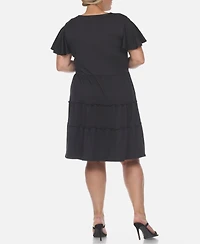 White Mark Plus Short Sleeve V-neck Tiered Midi Dress