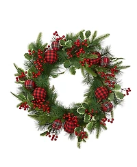 Glitzhome 24" Ornament Berry Holly Pine Wreath with Lights