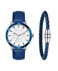 Ted Baker Men's Magarit Blue Leather Strap Watch 46mm and Bracelet Gift Set, 2 Pieces