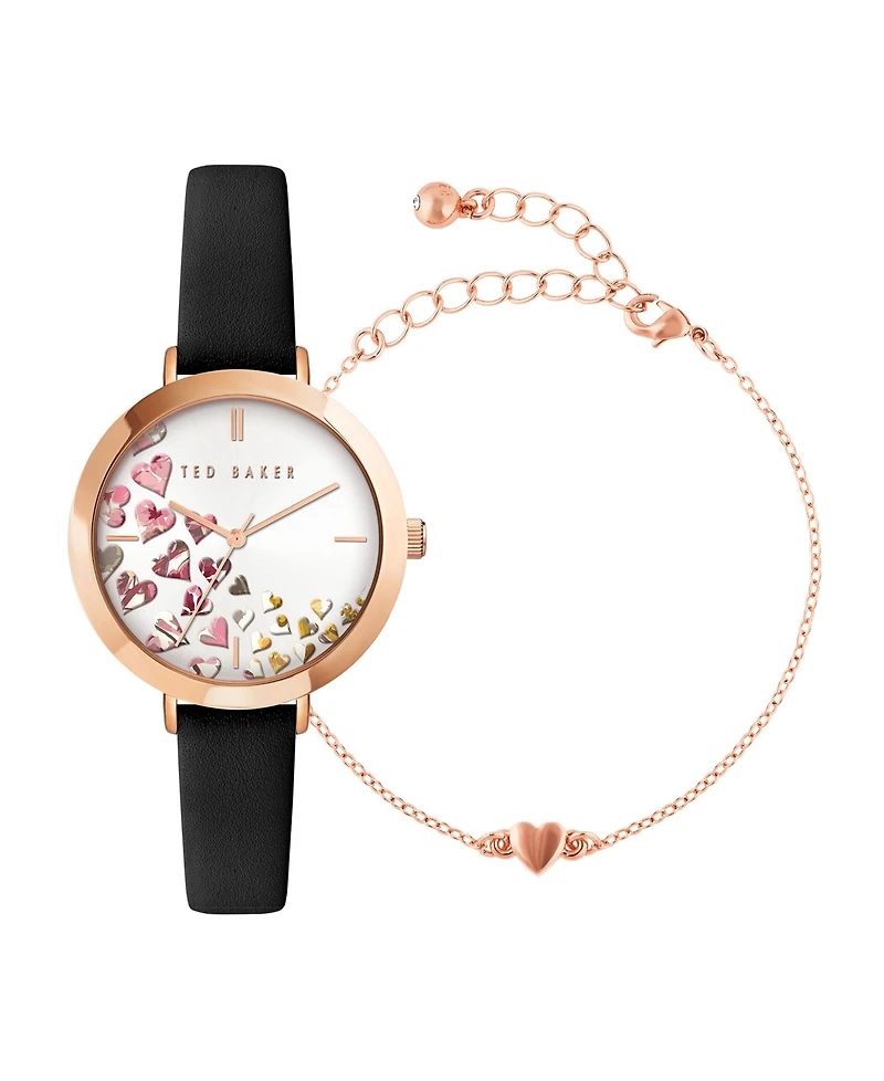 Ted Baker Women's Ammy Hearts Black Leather Strap Watch 34mm and Bracelet Gift Set, 2 Pieces
