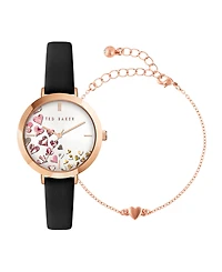 Ted Baker Women's Ammy Hearts Black Leather Strap Watch 34mm and Bracelet Gift Set, 2 Pieces