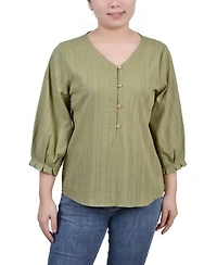 Petite 3/4 Sleeve Button Placket Jacquard Blouse