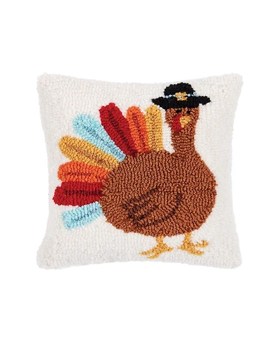 Colorful Turkey Tail Pilgrim Hat Hooked Mini Thanksgiving Accent Pillow 10" x 10"