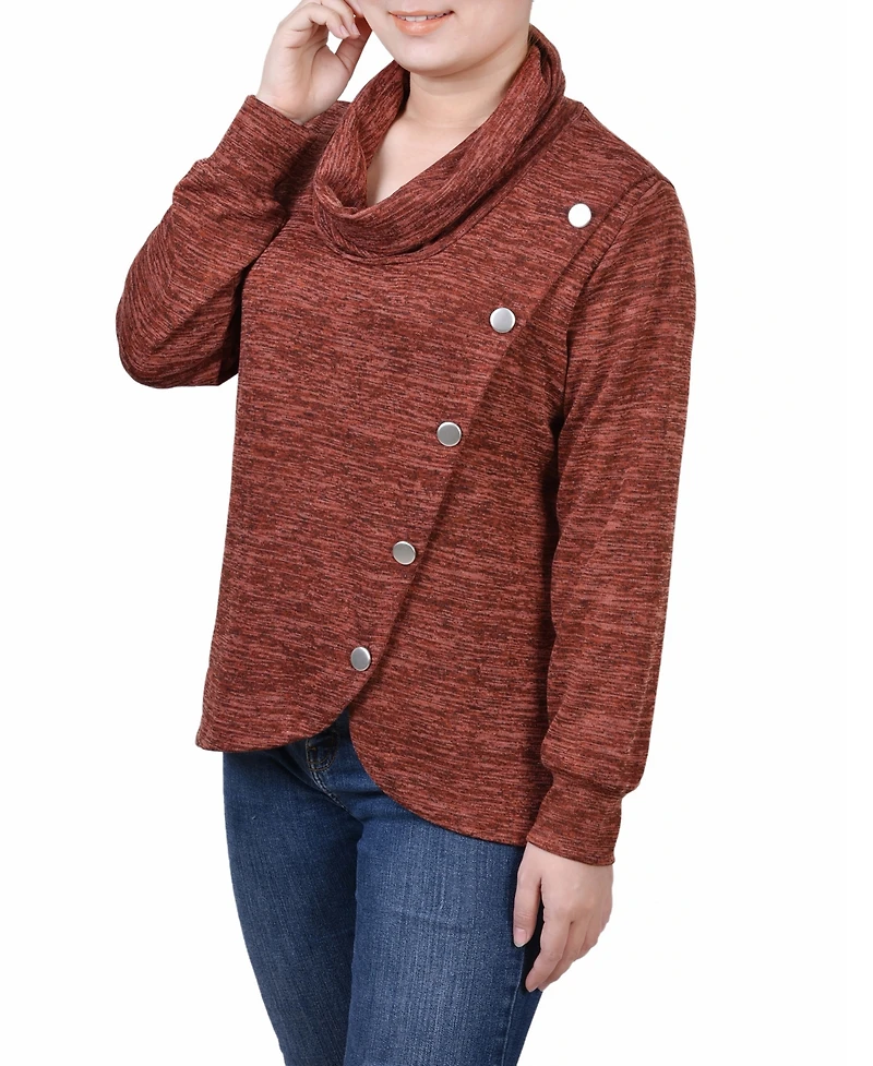 Women's Missy Long Sleeve Overlapping Cowl Neck Top