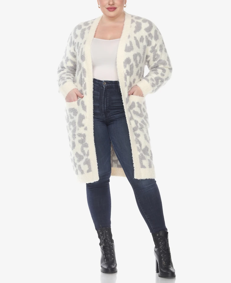 White Mark Plus Leopard Print Open Front Sherpa Sweater