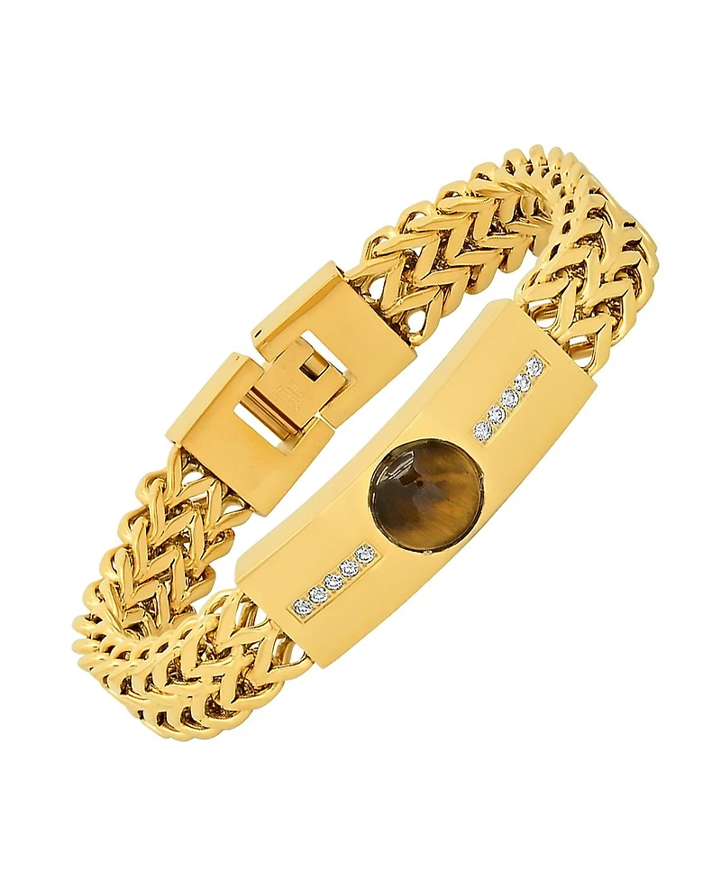 Steeltime Tiger Eye and Simulated Diamonds Double Wheat Link Bracelet