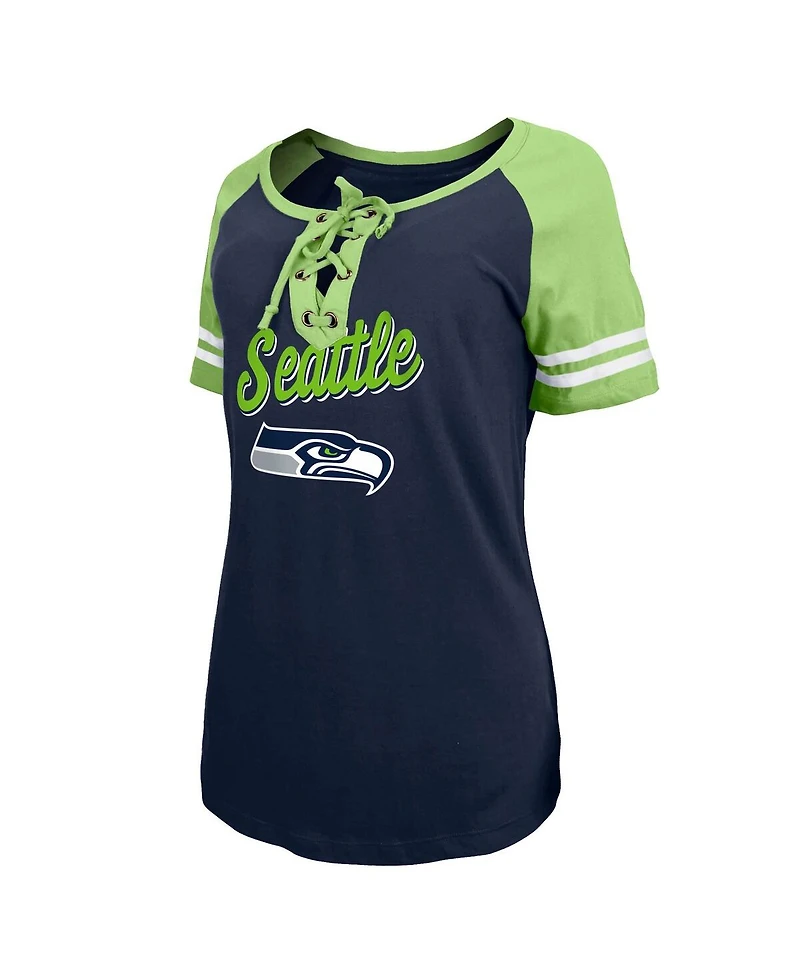 Women's New Era College Navy, Neon Green Seattle Seahawks Logo Lace-Up Raglan T-shirt