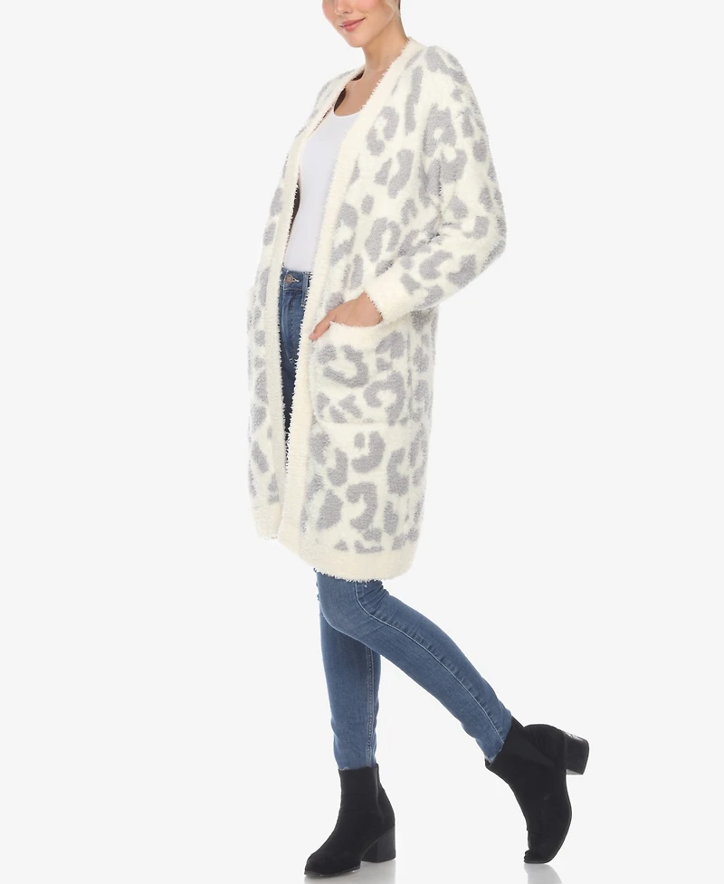 White Mark Women's Leopard Print Open Front Sherpa Cardigan