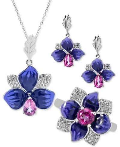 Pink White Topaz Purple Enamel Floral Jewelry Collection In Sterling Silver