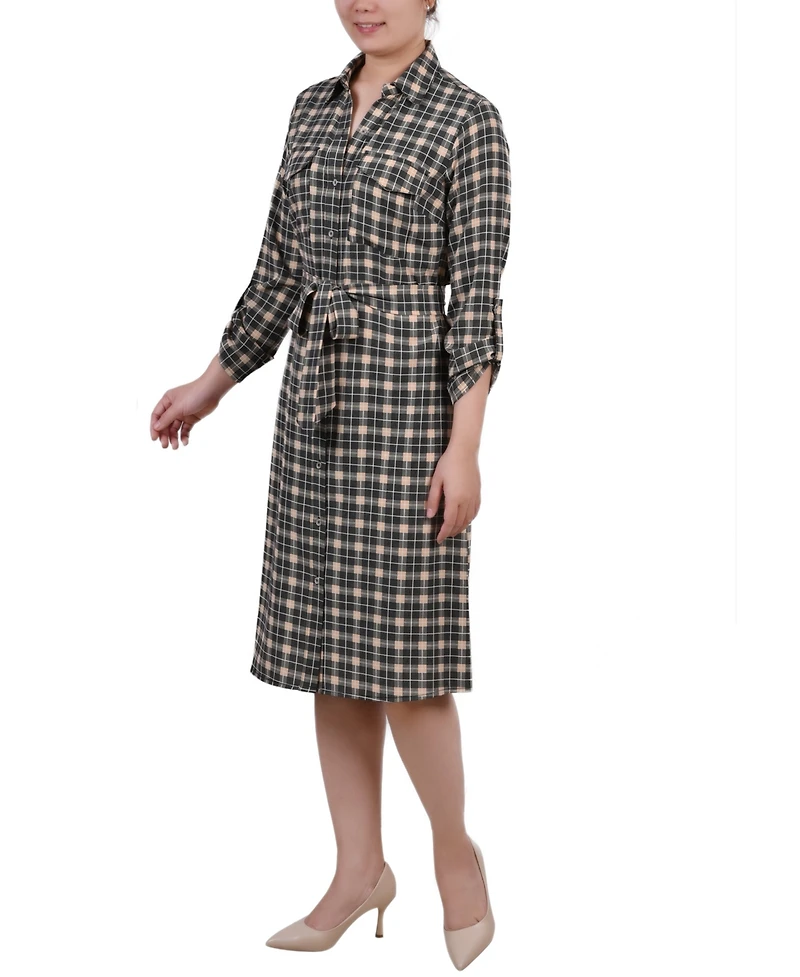 Ny Collection Petite Printed Long Sleeve Roll Tab Shirtdress