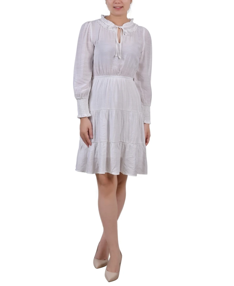 Ny Collection Petite Long Sleeve Tiered Dress with Ruffled Neck
