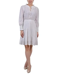 Ny Collection Petite Long Sleeve Tiered Dress with Ruffled Neck