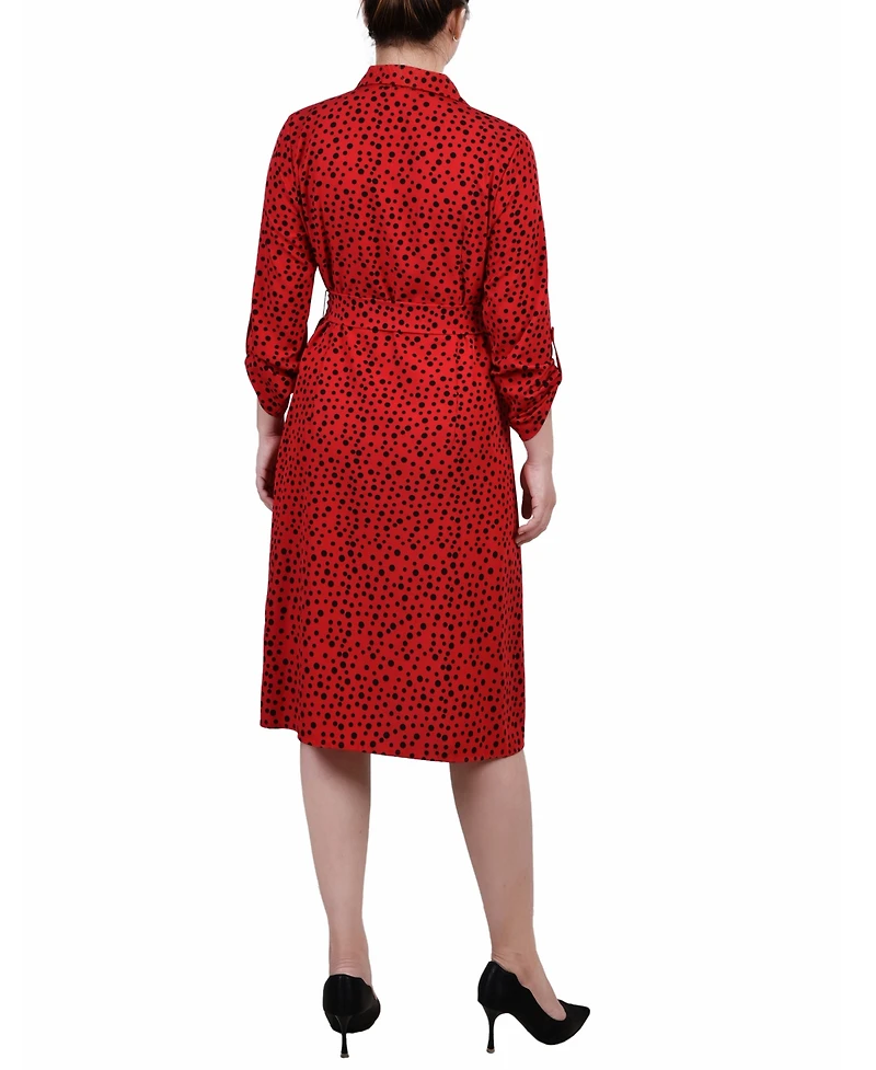 Ny Collection Petite Printed Long Sleeve Roll Tab Shirtdress