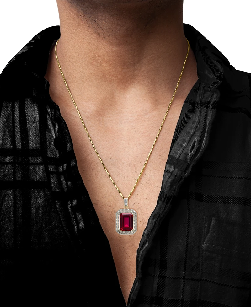 Lab Grown Ruby (16-5/8 ct. t.w.) & Diamond (1/4 ct. t.w.) Rectangular Pendant Necklace in 14k Gold-Plated Sterling Silver, 22"