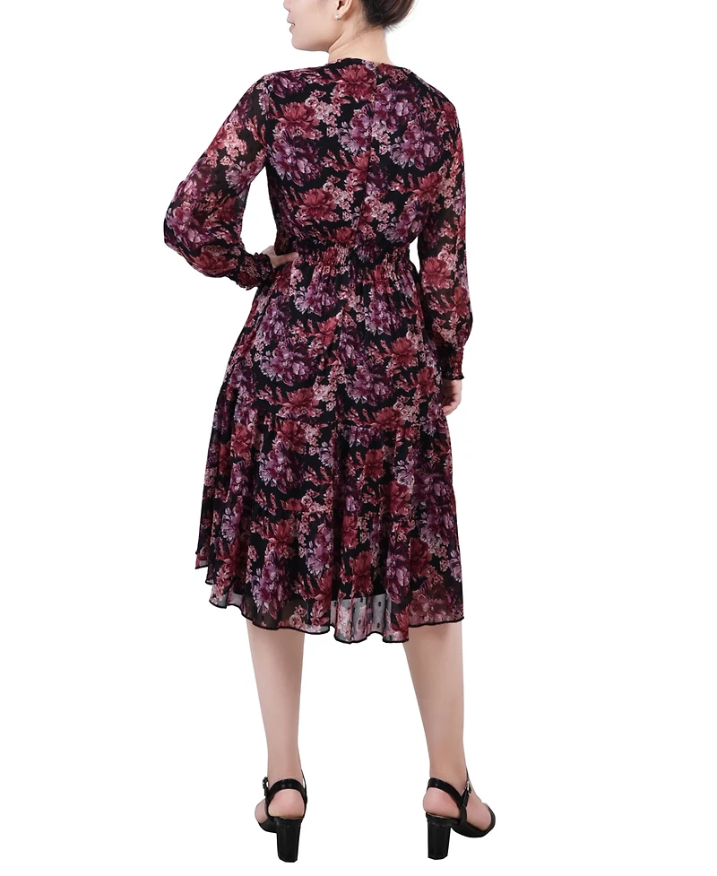 Women's Long Sleeve Clip Dot Chiffon Dress with Smocked Waist and Cuffs