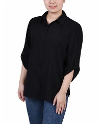 Ny Collection Women's 3/4 Roll Tab Sleeve Cotton Blouse