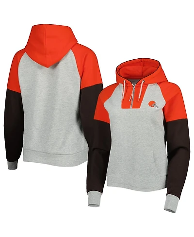 Women's Antigua Heathered Gray, Orange Cleveland Browns Jackpot Raglan Half-Zip Pullover Hoodie