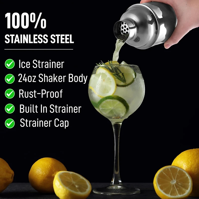 Cocktail Shaker with Built-in Strainer For Bartending & Homebars (24oz) - Silver