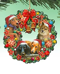 Designocracy Christmas Friends Puppy Wreath Holiday Ornaments, Set of 2