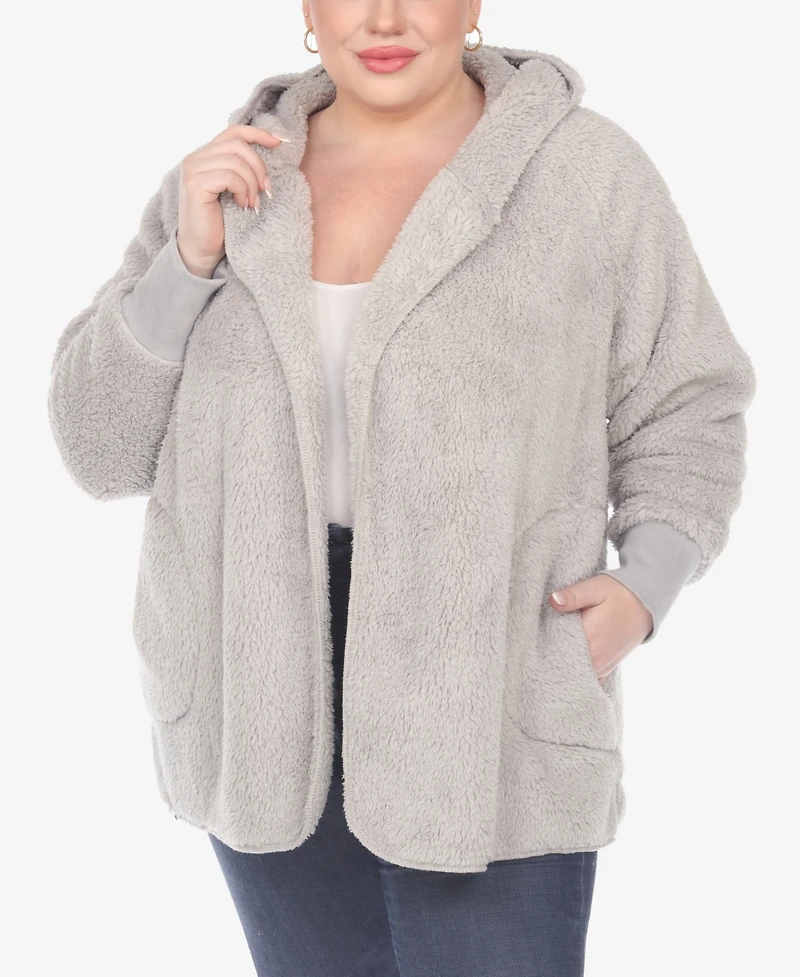 White Mark Plus Size Plush Hooded Cardigan Jacket with Pockets