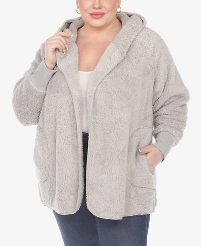 White Mark Plus Size Plush Hooded Cardigan Jacket with Pockets