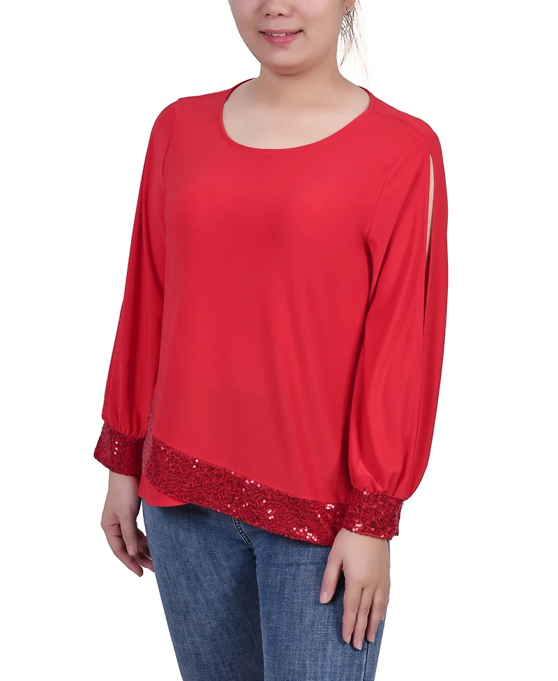 Ny Collection Petite Long Sleeve Knit Top with Sequin Hem