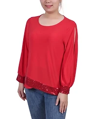 Ny Collection Petite Long Sleeve Knit Top with Sequin Hem