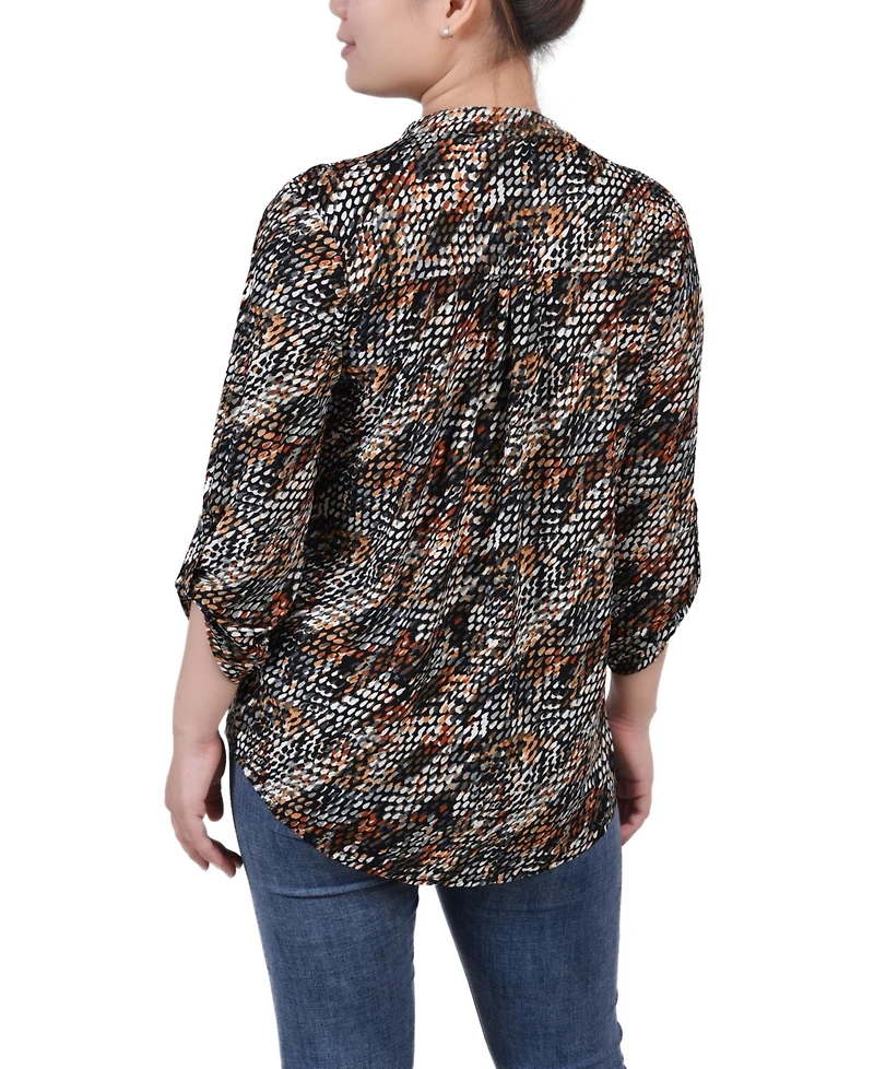 Ny Collection Petite 3/4 Roll Tab Sleeve Printed Pintuck Top