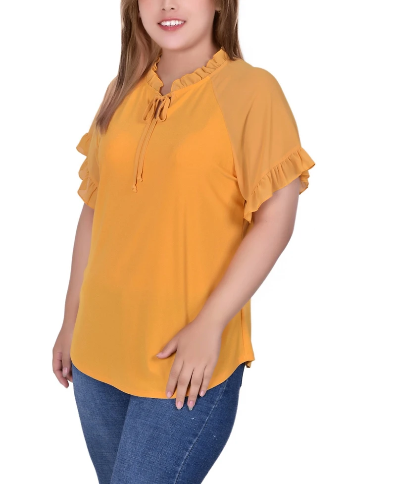 Ny Collection Plus Short Ruffled Sleeve Crepe Knit Top with Chiffon Sleeves