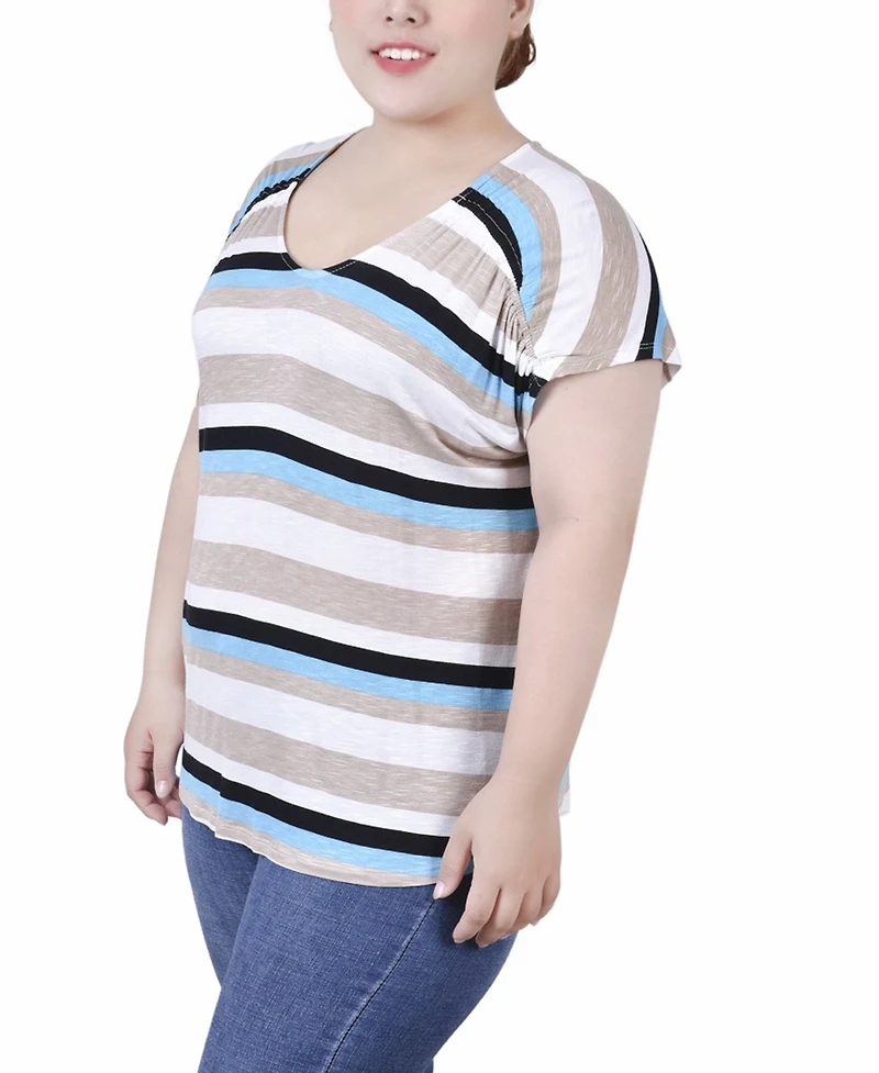 Ny Collection Plus Short Sleeve Striped V-neck Top
