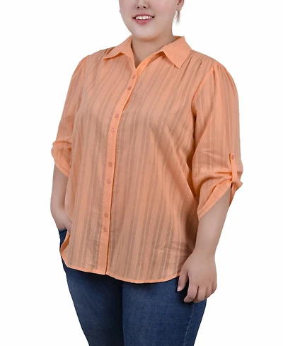 Ny Collection Plus 3/4 Roll Tab Sleeve Cotton Blouse