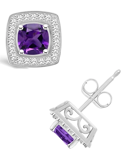 Macy's Amethyst (1 ct. t.w.) and Diamond (1/5 ct. t.w.) Halo Studs in Sterling Silver