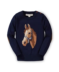 Hope & Henry Baby Girls Long Sleeve Intarsia Horse Sweater with Elbow Patches
