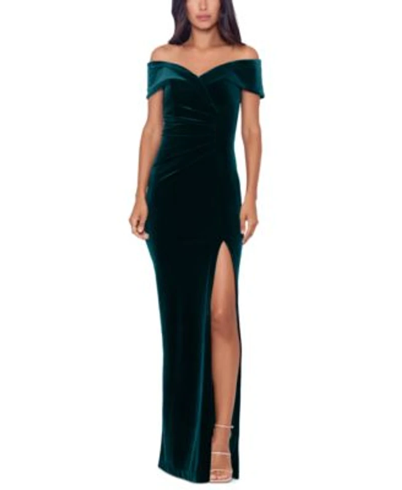 Xscape Womens Velvet Off The Shoulder Leg Slit Gown 4p 18