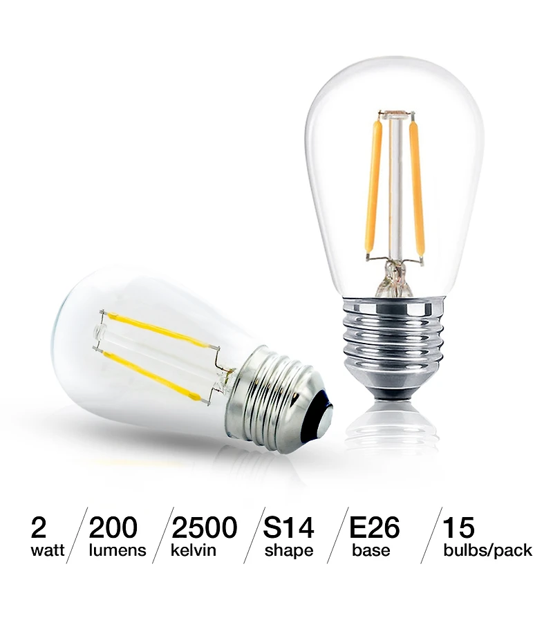 Brightech 15 Pack Bulbs - S14 Bulb E26 Base, 2 Watt, 2500K Warm White Hue