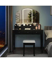 Vanity Table Stool Set Large Tri-folding Lighted Mirror