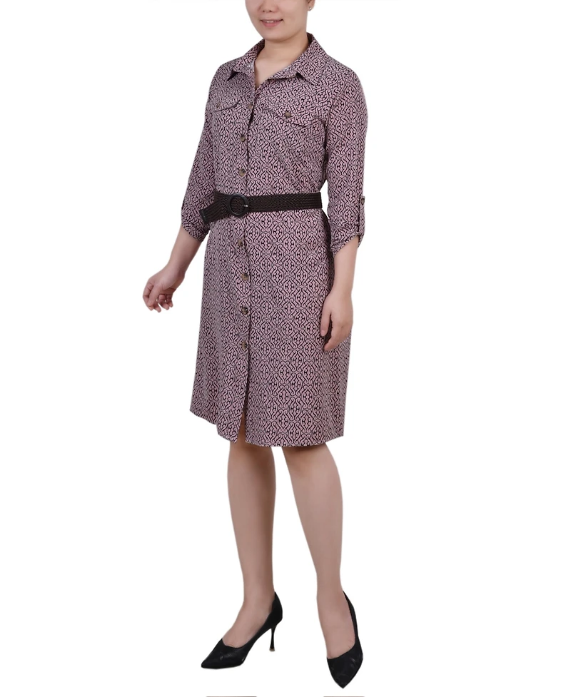 Ny Collection Women's 3/4 Roll Tab Sleeve Shirt Dress