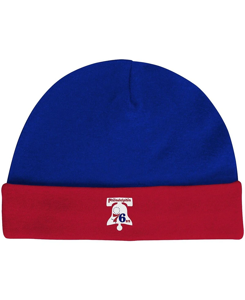 Infant Boys and Girls Mitchell & Ness Royal, Red Philadelphia 76ers Hardwood Classics Bodysuits Cuffed Knit Hat Set