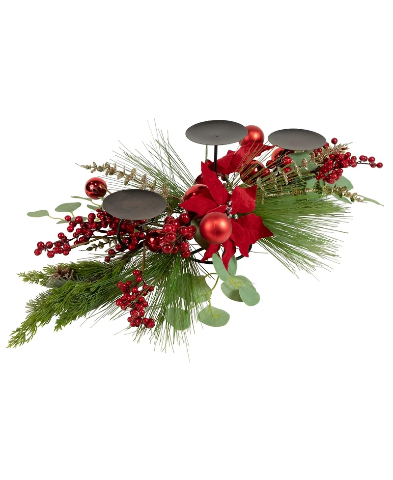 Northlight Triple Candle Holder With Berry and Poinsettia Christmas Decor, 32"