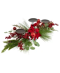 Northlight Triple Candle Holder With Berry and Poinsettia Christmas Decor, 32"