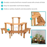 Sunnydaze Decor 3-Tier Meranti Wood Outdoor Plant Stand with Teak Oil Finish - 5.75 Feet Wide - Indoor and Outdoor Use