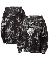 Women's Majestic Threads Black Brooklyn Nets Burble Tie-Dye Tri-Blend Pullover Hoodie