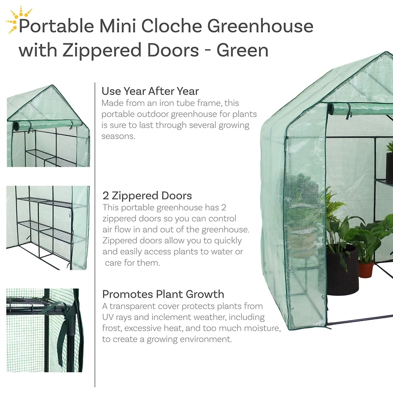 Portable Outdoor Grandeur Walk-In Greenhouse with 4 Steel Wire Shelves and Roll-Up Door - Green